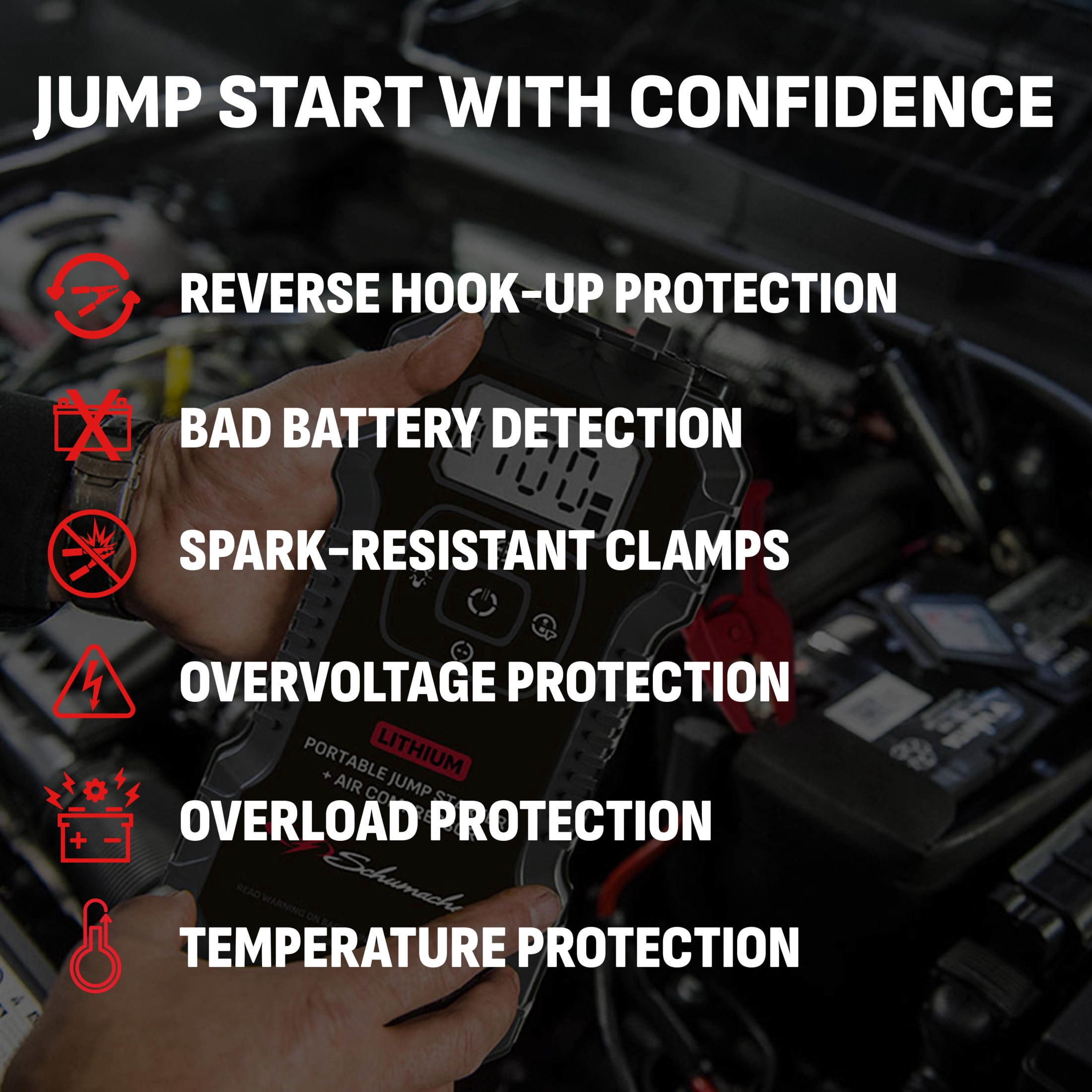 Schumacher Electric 1800A Lithium Car Battery Jump Starter & Power Pack/Jump Box, Air Compressor, USB, 12V Sport, Auto & Marine Batteries, SL1686