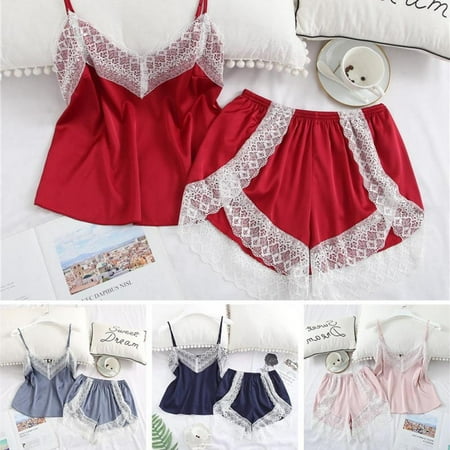 

Xinhuaya Women s Lace Satin Sleepwear Cami Top and Shorts Pajama Set S-XL