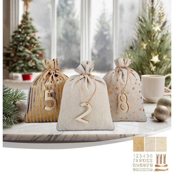 Christmas Advent Calendar Bags, 24 Days Countdown Gift Bags, Burlap Fabric, Golden Star & Stripe, Santa Claus Stocking Pouch Bags, Drawstring Sack Bags, Candy Cookies Packaging Goodie-Gift Favor Bags