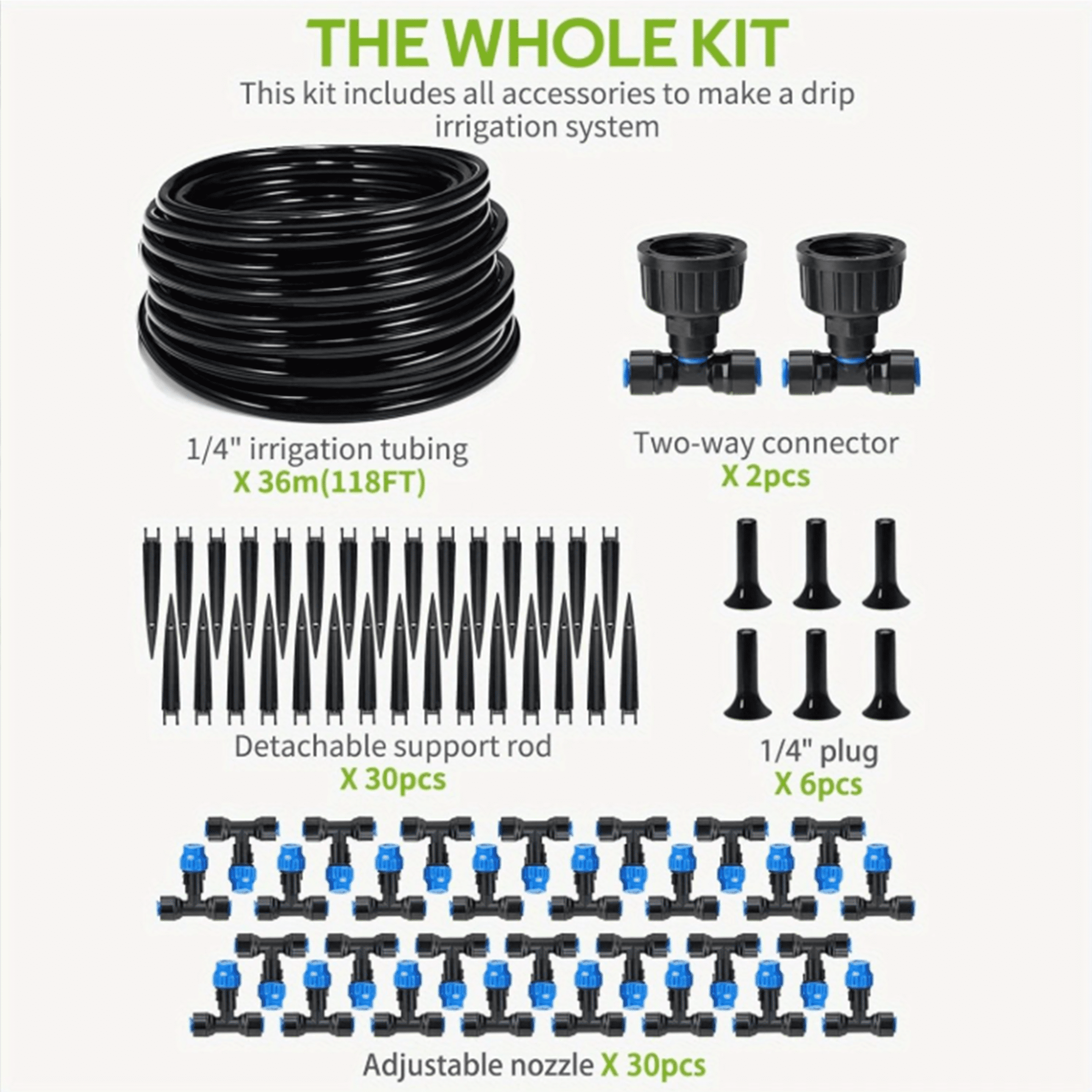 36m Drip Irrigation Kit with 360° Bendable Tubing, Automatic Watering System for Greenhouse Yard Lawn, PE Material, Includes Connectors Nozzles(wwx)