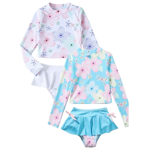 Xinhuaya Girl Two-Piece Long Sleeve Swimsuits UPF50 Rash Guard Kids Bathing Suit 8-12 Years