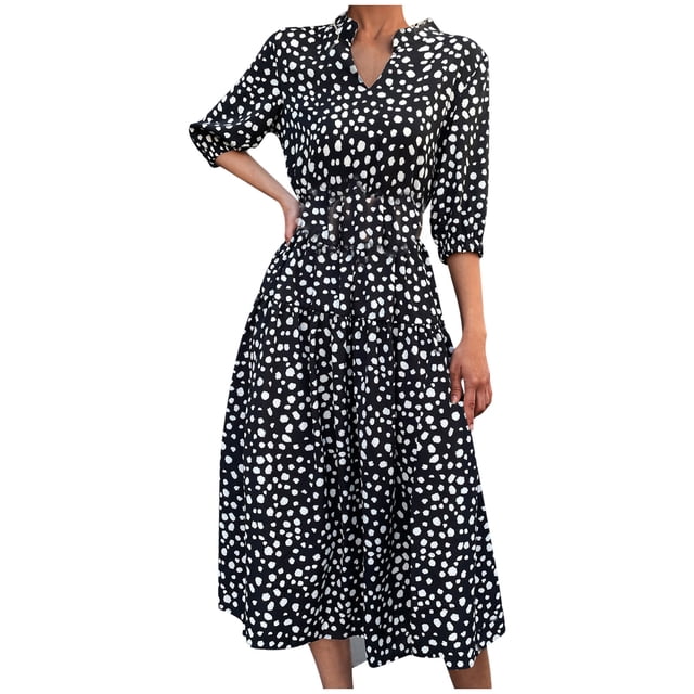 Pompotops Robe Longue Maxi Bohème Mode Femme Col en V Manches Mi-Longues Imprimé Floral