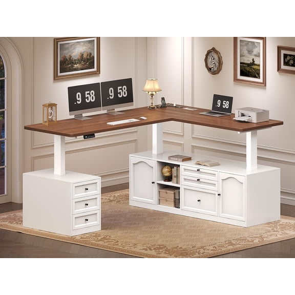 SEDETA Farmhouse L Shaped Executive Electric Standing Desk with 6 Drawers, Height Adjustable Sit Stand Computer Desk with Charging Station for Home Office, White