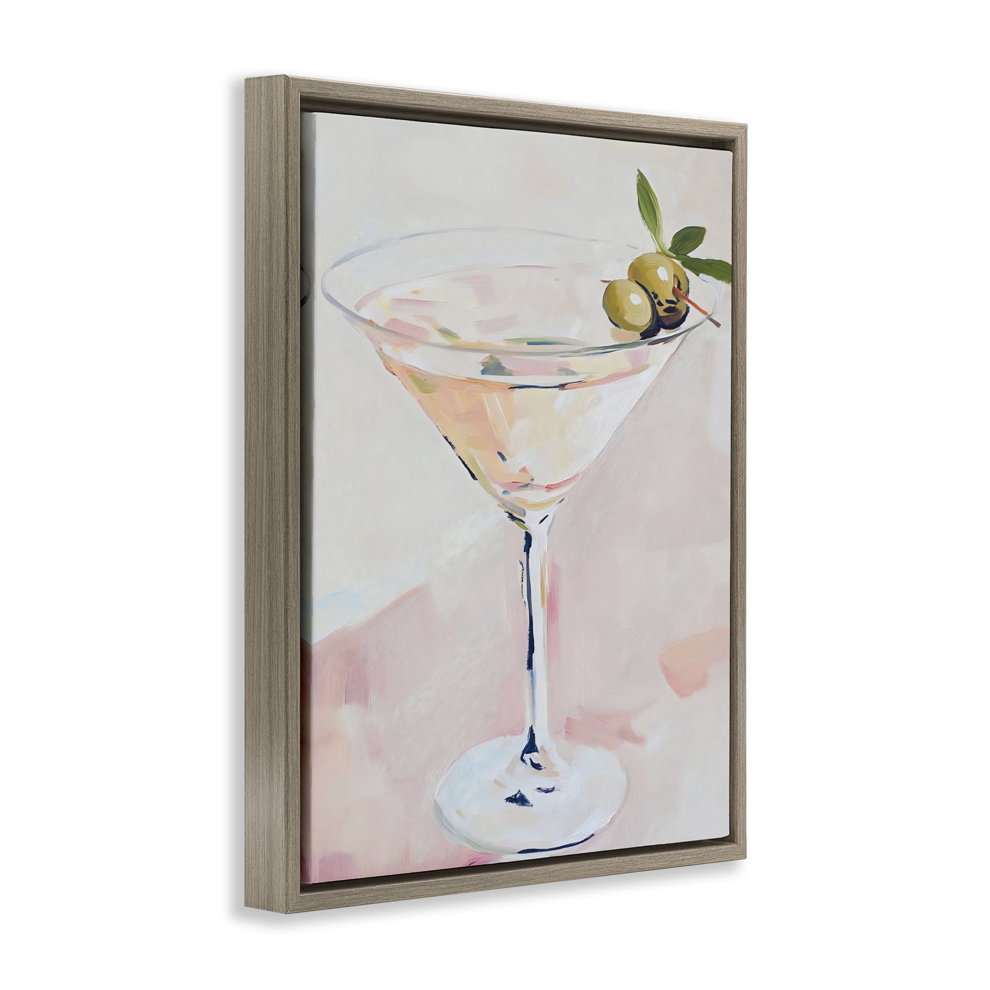 Stupell Industries Pastel Martini with Olive Garnish Brown Framed Floater Canvas Wall Art, design by The Prints Vibe