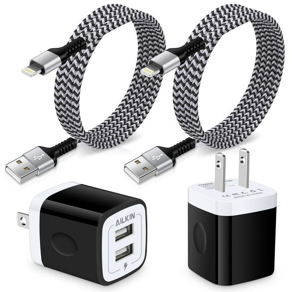 AILKIN Compatible with iPhone Charger Fast Charging with 2Pack Usb A Light-ning Cables 6ft Cords 2.1A Dual Port Charger Blocks Compatible with iPhone 14/13/12/11,Blackwhite
