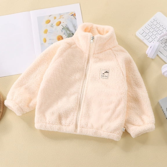 Kids Thick Warm Fuzzy Fleece Coat, Boys & Girls Fleece Lined Outerwear with Mock Neck, 2025 Fashion Basic Long Sleeve Jacket for Fall and Winter Season Beige