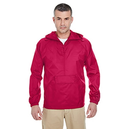 - Quarter Zip Men's Red Hooded Pullover Pack-Away Jacket