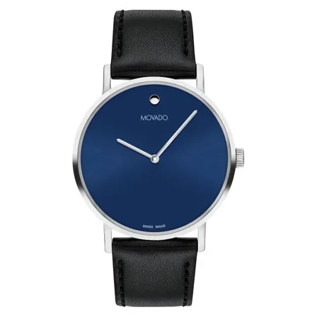 Movado Signature Silver Blue 0607590 Dial Black Leather Strap Mens Watch
