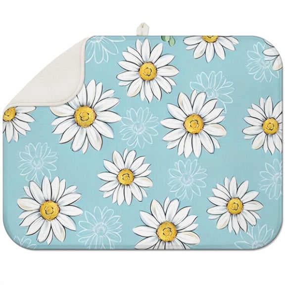 Microfibre Drying Mat for Kitchen Daisy Flower Watercolor Dish Drying Drainer Mat Absorbent Drying Mat Washing Up for Glass, Plate & Cup 18inch X 24inch