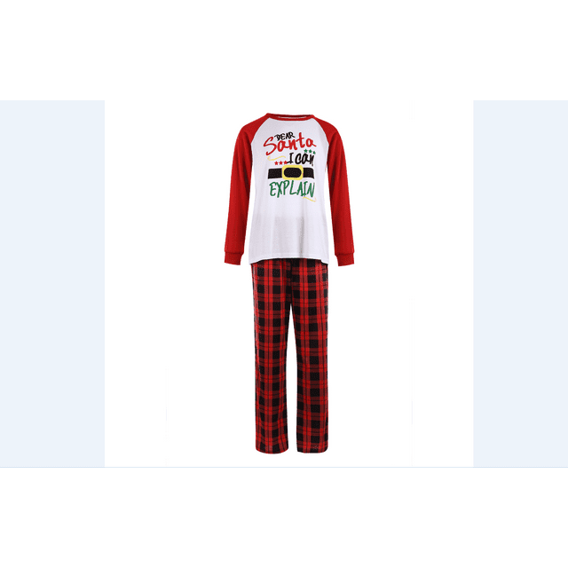 Seyurigaoka Parents Children's Suits Long Sleeves Patchwork Christmas Hat Printed Snowflake Letter Shirt Check Pattern Trousers