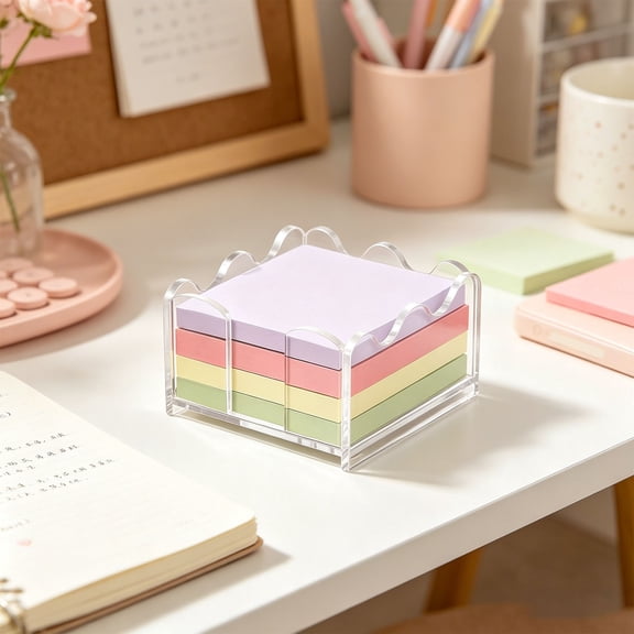Clear Acrylic Sticky Note Holder, 3x3 Inch Dispenser, Scalloped Design, Desk Organizer for Memo Pads and Cards