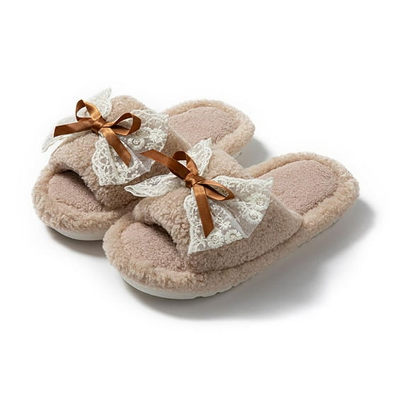 Xfvqtps Fluffy Slippers for Women Lace Bow Winter Warm Open Toe Slip on Furry Cozy Indoor and Outdoor Plush Shoes Coffee