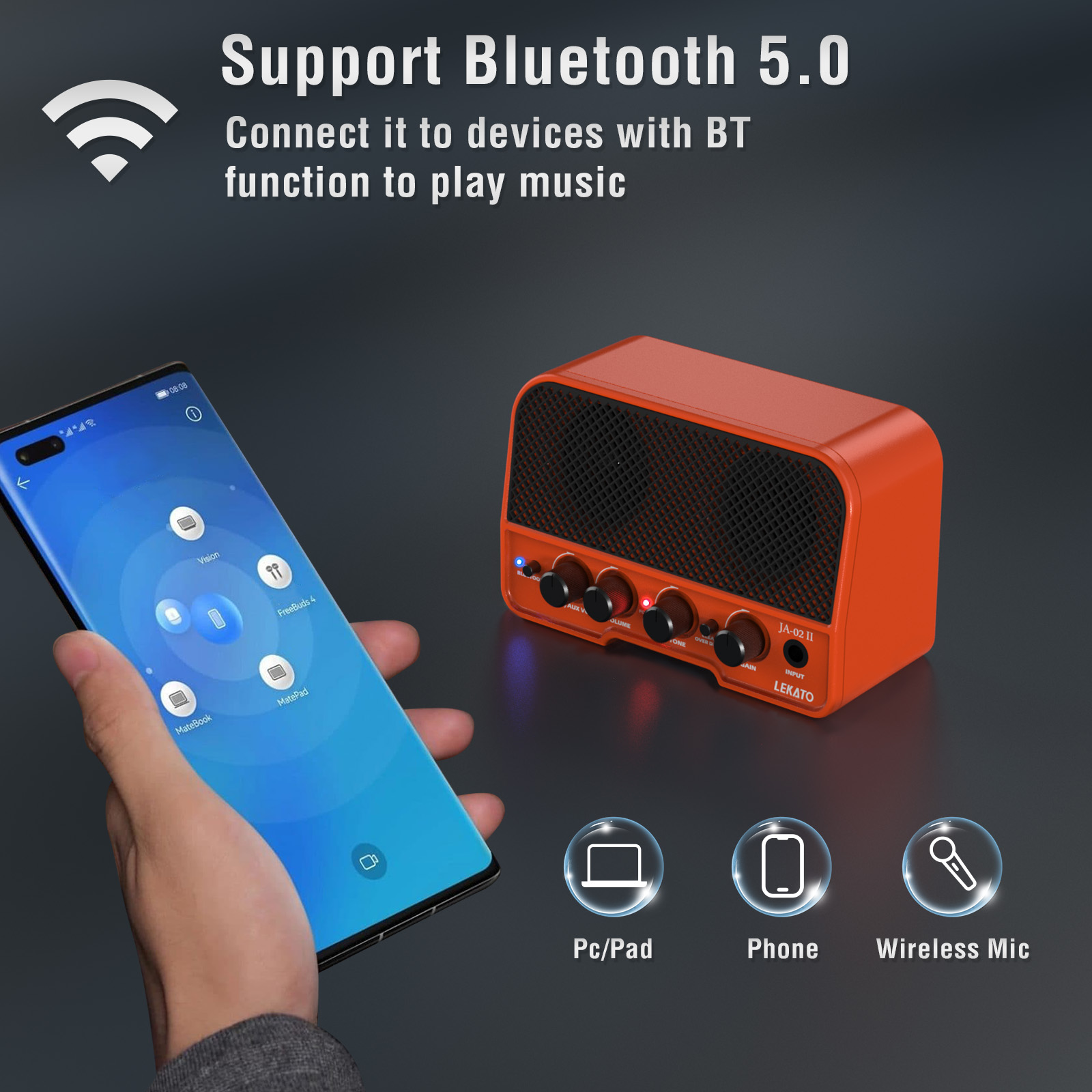 LEKATO Mini Guitar Amp 5W Rechargeable Electric Guitar Amplifier Clean&Overdrive Effects Bluetooth Guitar Amp Portable for Daily Practice
