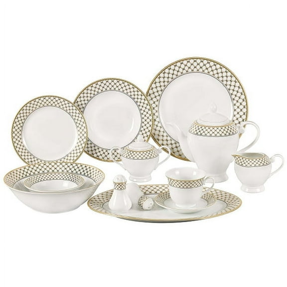 Stylish and Elegant 57 Pieces Porcelain Dinnerware Set Service for 8 People for Hosting Parties and Events - Gold with Silver Accent