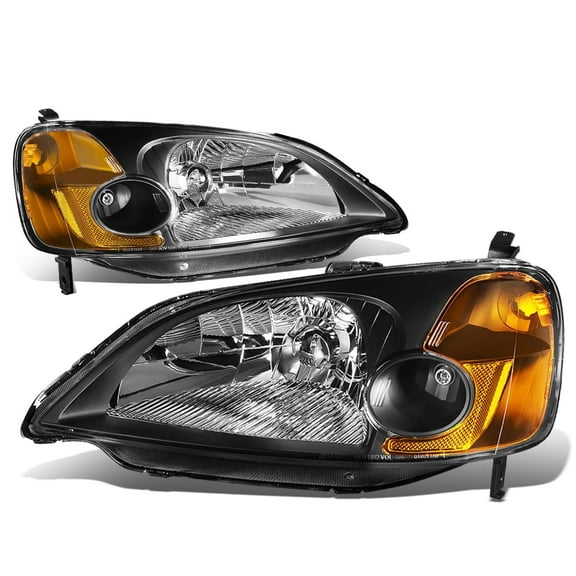 DNA Motoring For 2001-2003 Honda Civic JDM Black Amber Headlight Replacement Pair