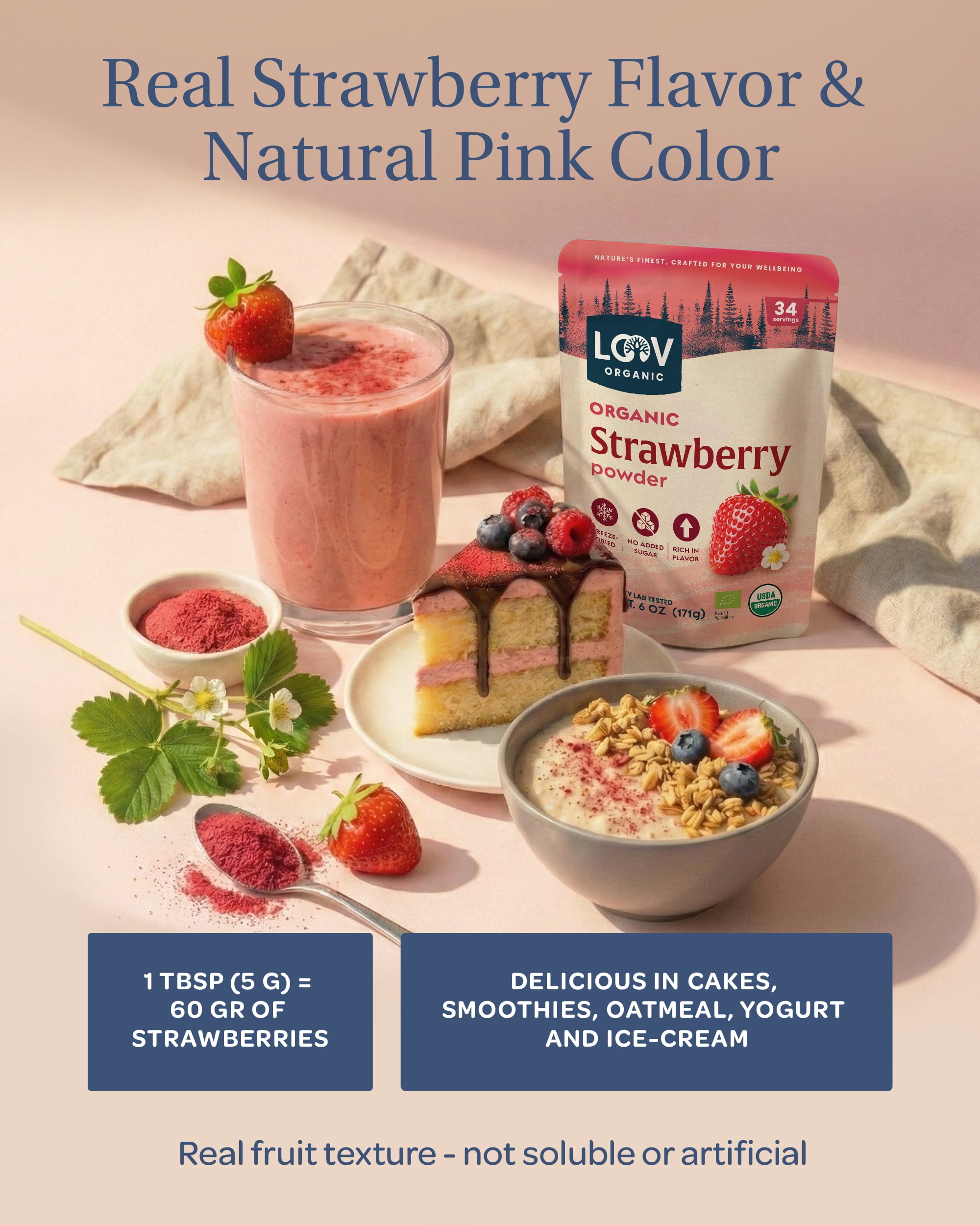 LOOV Organic Strawberry Powder, 171 g (6 oz), Freeze-Dried, No Added Sugar