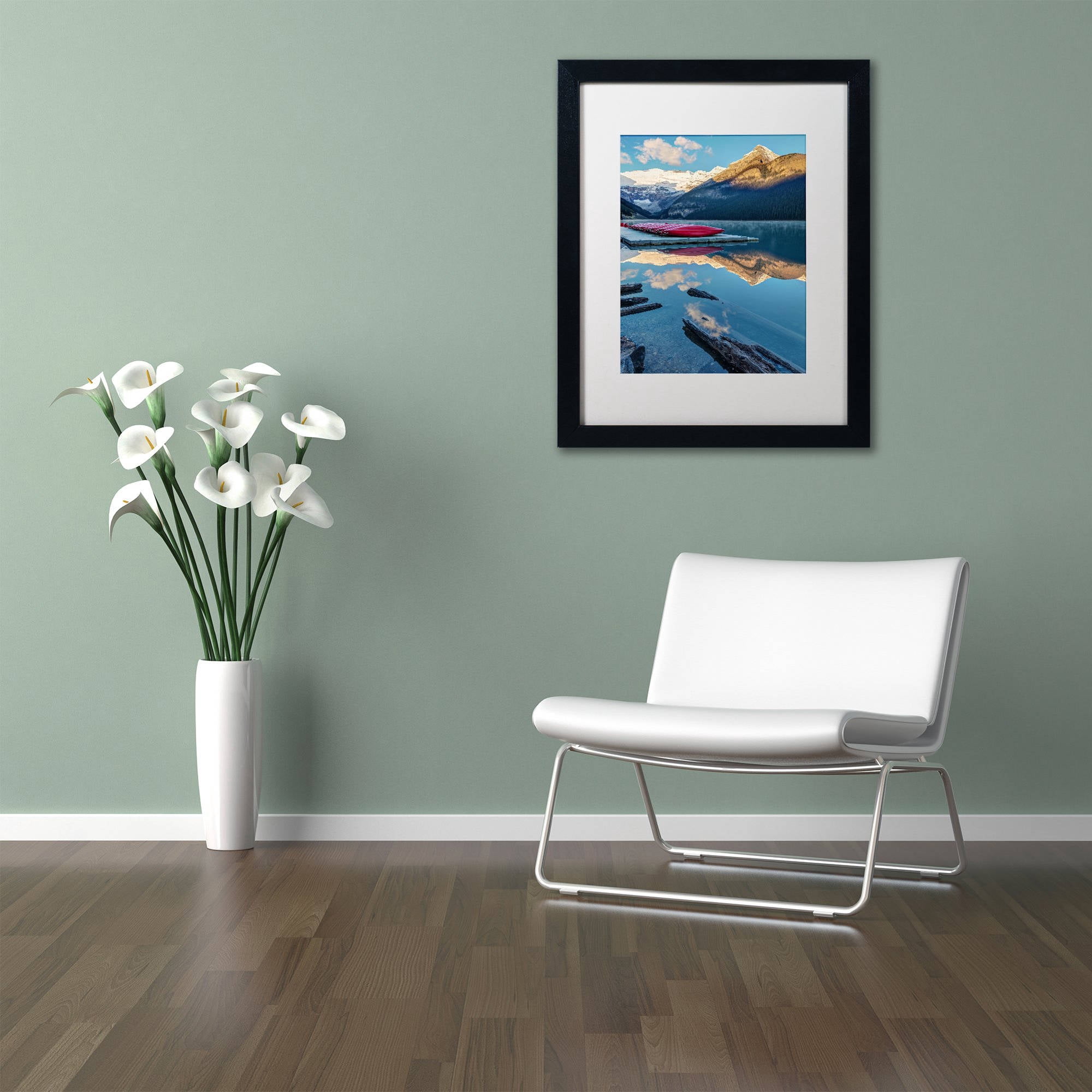Trademark Fine Art 'Lake Louise Canoes' Canvas Art by Pierre Leclerc, White Matte, Black Frame