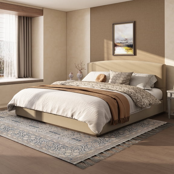 Christopher Knight Home King Upholstered Bed Frame with Velvet Fabric, Curved Headboard, Camel