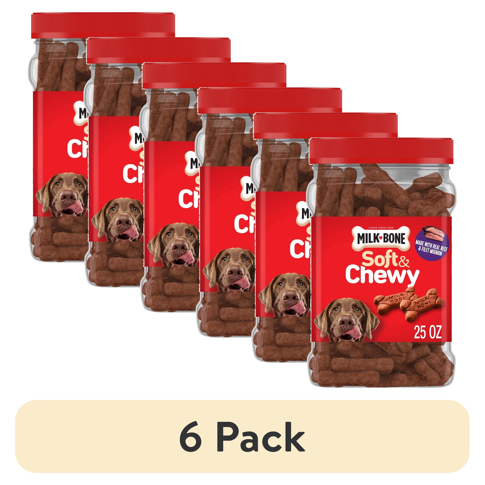 (6 pack) Milk Bone Soft & Chewy Dog Treats, Made with Real Beef & Filet Mignon, 25 oz Canister