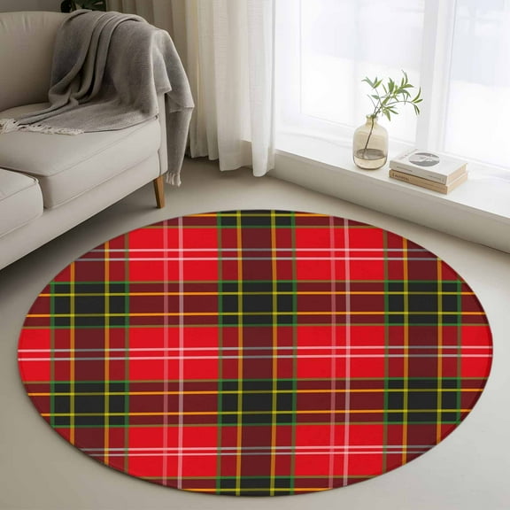 Red Green Pladi Round Rug 3ft Washable Circle Entryway Rugs Non Slip Winter Christmas Striped Plaid Area Rug Indoor Floor Carpet for Bedroom Kitchen Living Room Home Office Dining Room Nursery