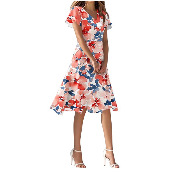 Dress for Women V-Neck Short Sleeve Printing Dress for Womens for Garden Parties and Summer Weddings