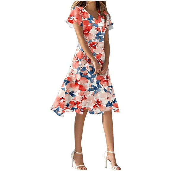 Xuniizn Summer Dresses for Women Floral Print V Neck Ruffle Sleeve Beach Flowy Sundress Holiday Casual Breathcble Slim A-Line Boho Midi Dress, S-2XL
