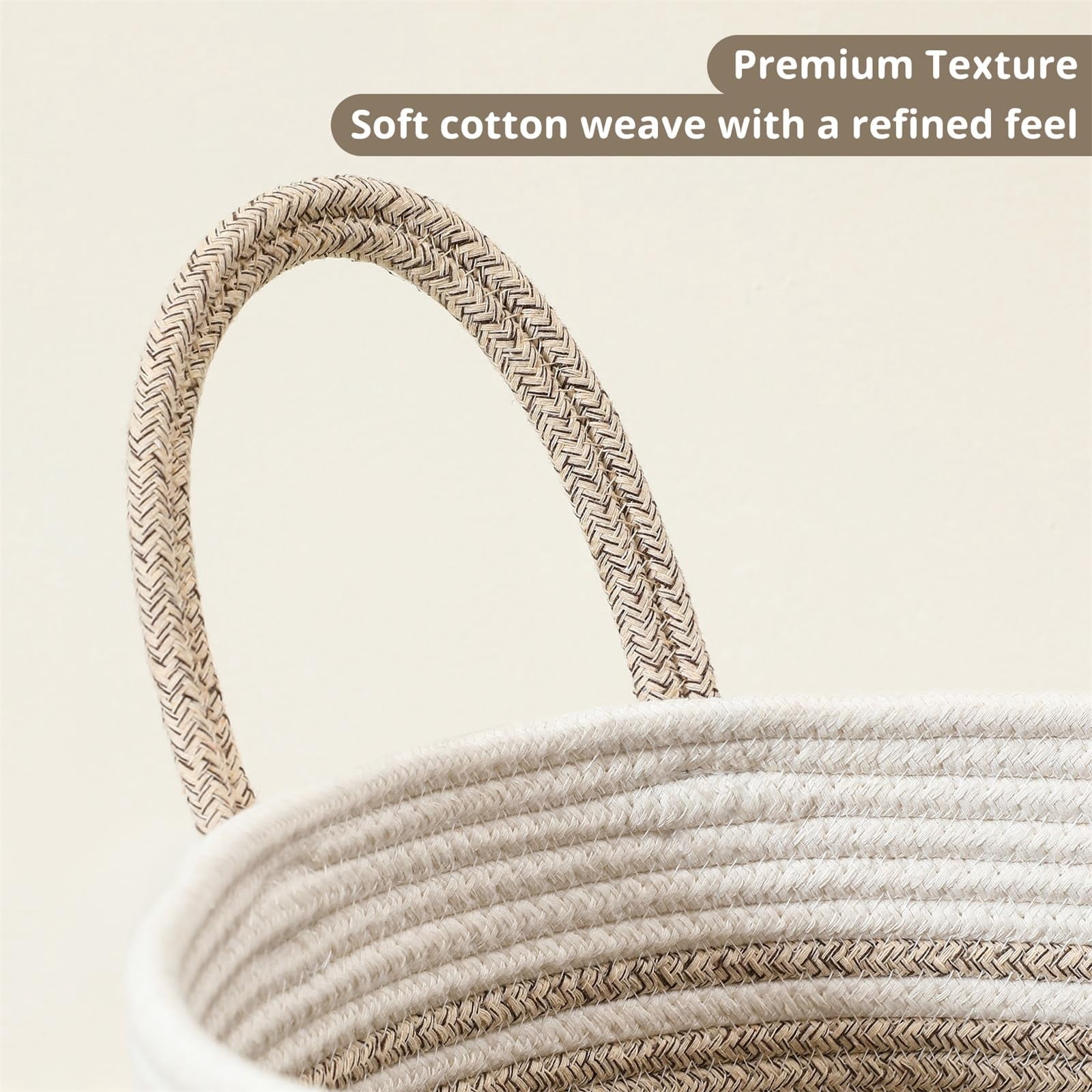 60L Large Woven Laundry Basket Hamper, 100% Natural Cotton Rope, Handwoven & Durable, Storage for Blankets, Toys, Clothes, Nursery Hamper for Living Room, Baby Room, Bedroom (Brown and White)