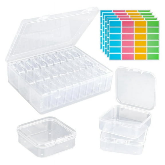 Bead Organizer Box, 30Pcs Small Clear Plastic Bead Storage Containers, 1 Craft Storage Box with Hinged Lid, 120 Labels