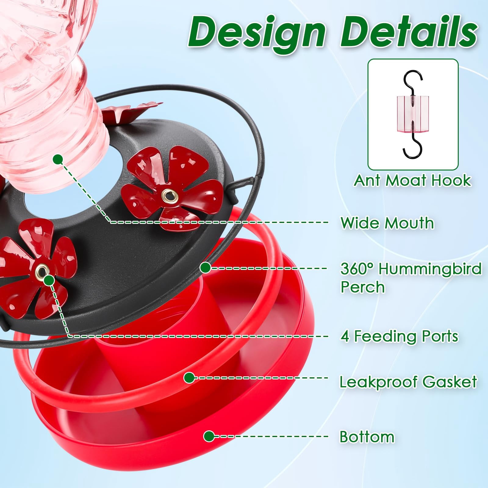 25 OZ Glass Hummingbird Feeder for Outdoors Hanging, Humming Bird Nectar Feeder with Ant Moat, 4 Bee-Proof Feeding Ports, 360° Perch, Leak-Proof, Gifts for Women Mom, Red