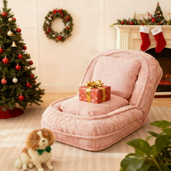 Floor Chair with Back Support, Human Dog Bed, 5 Adjustable Position Plush Folding Chair, Upholstered Lounge Chair for Adults & Pets, Single Lazy Sofa Bed for Living Room, Game Room, Pink