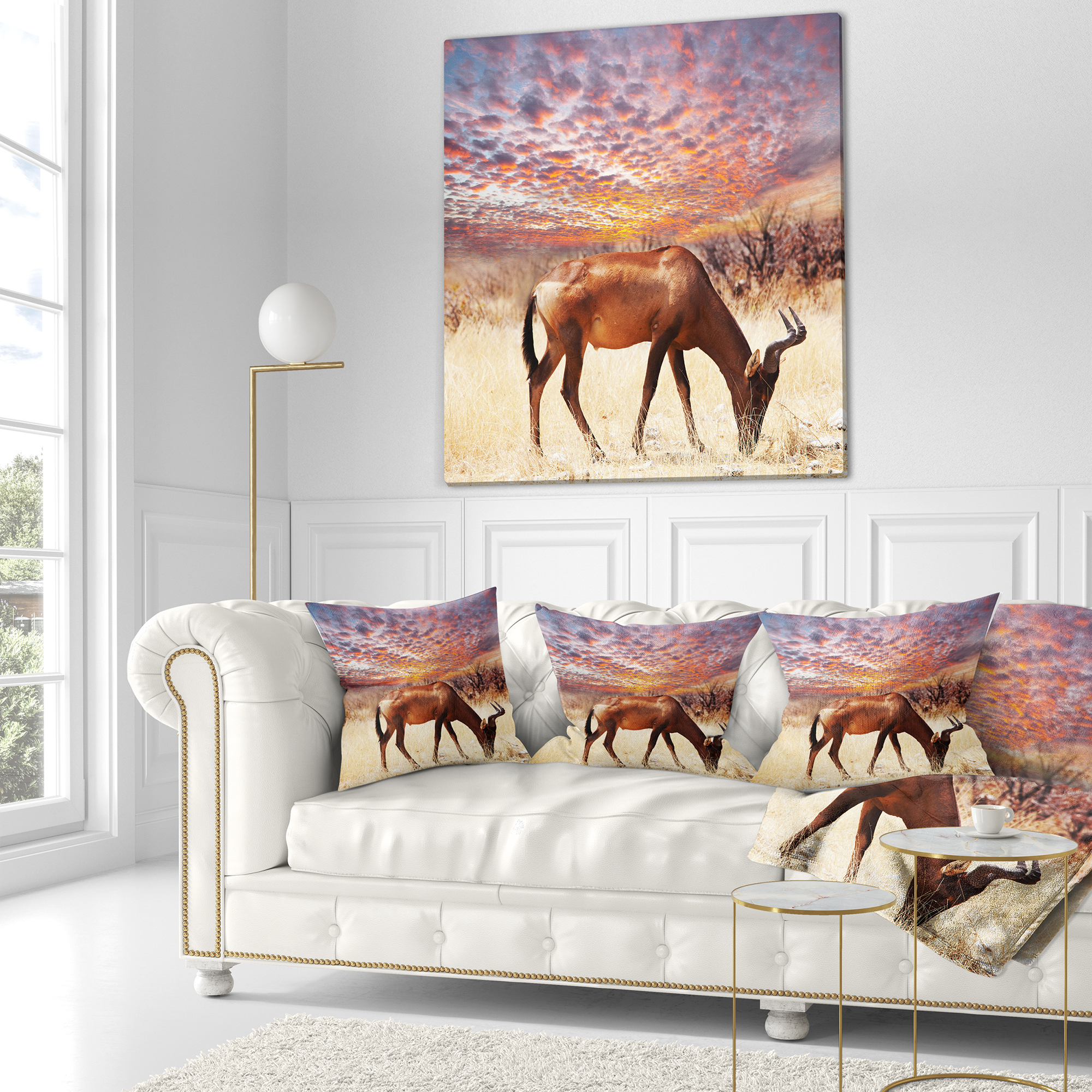 Designart Antelope in Bush under Dramatic Sky - African Landscape Printed Throw Pillow - 18x18