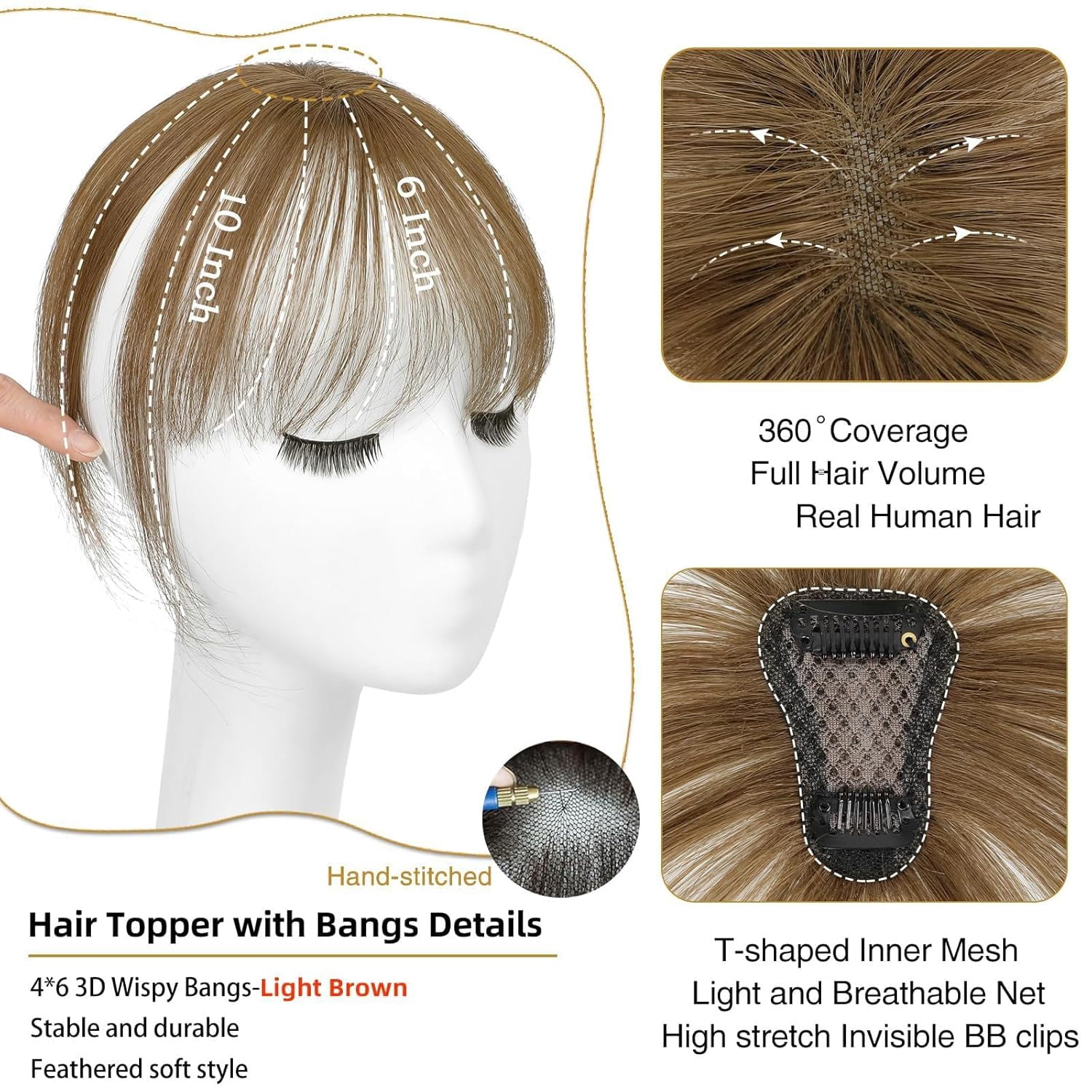 Clip On Bangs for Women Human Hair, Natural Clip-on Partial Bangs, Breathable Human Hairs Toppers, Hair Pieces for Women with Thinning Hair (Brown)