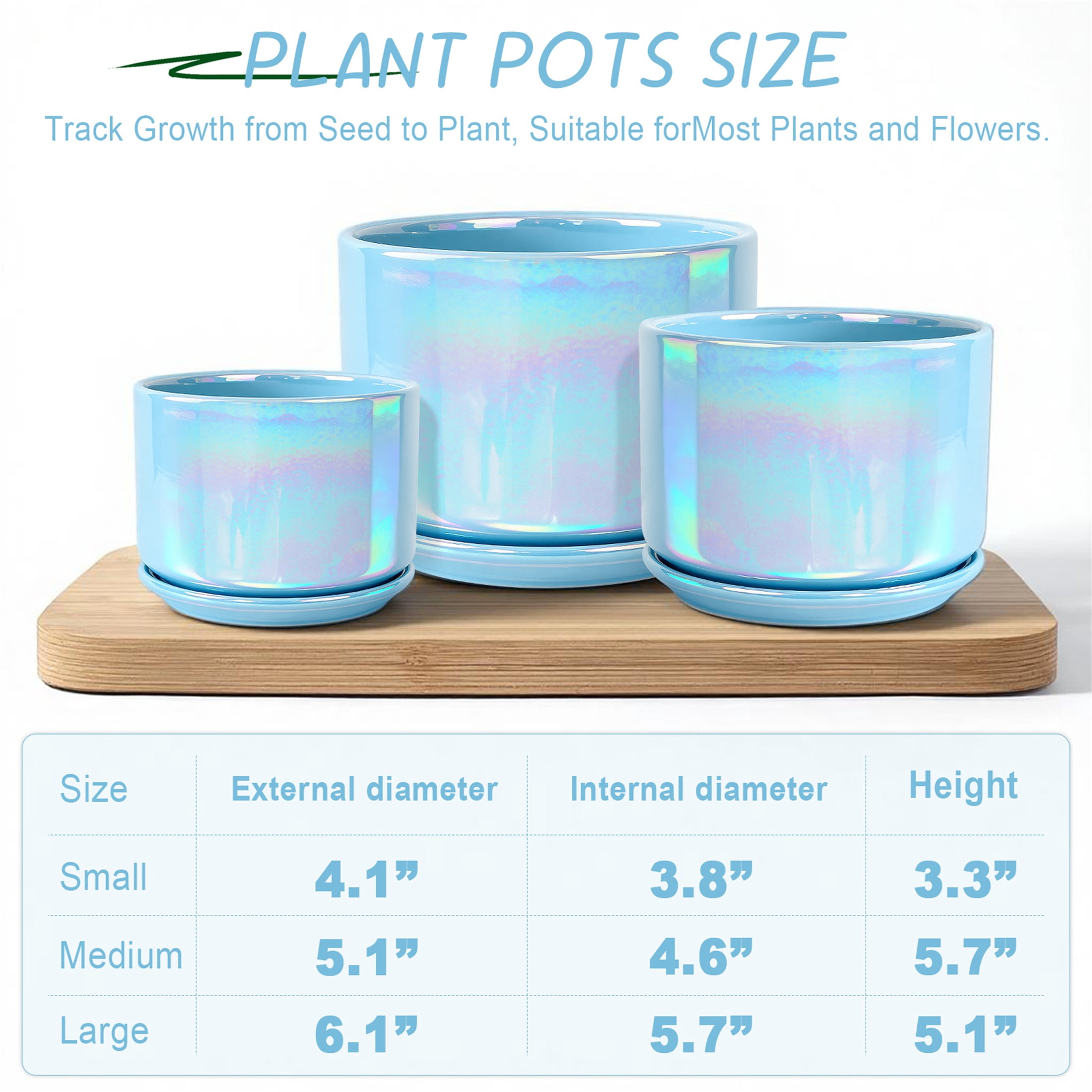 BUYMAX  Plant Pots, 4+5+6 Inch Pots for Indoor Plants,Ceramic Planter Pot with Drainage Hole,Flower Pots for Succulent Cactus,Set of 3 - Rainbow Pearl Glaze Blue