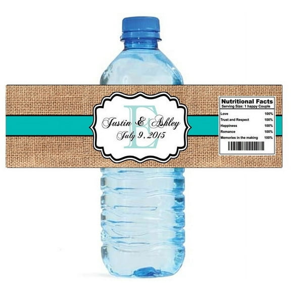 100 Burlap Tiffany Blue Stripe Monogram Wedding Water Bottle Labels Great for Engagement Bridal Shower Party 7"x2"