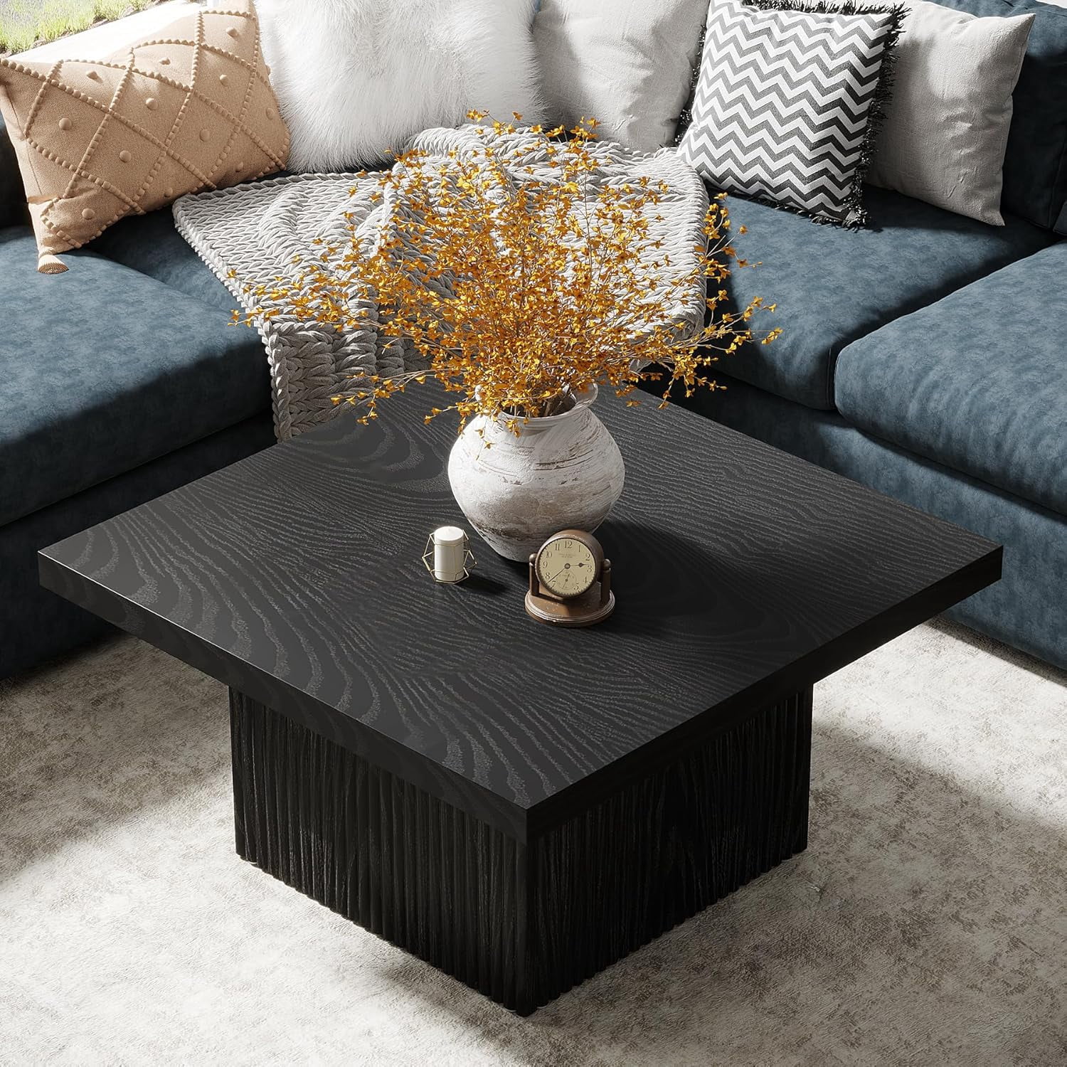 Finmind Square Coffee Table, 31.5-Inch Mid-Century Fluted Table, Large Cocktail Table for Living Room, Easy Assembly - Black