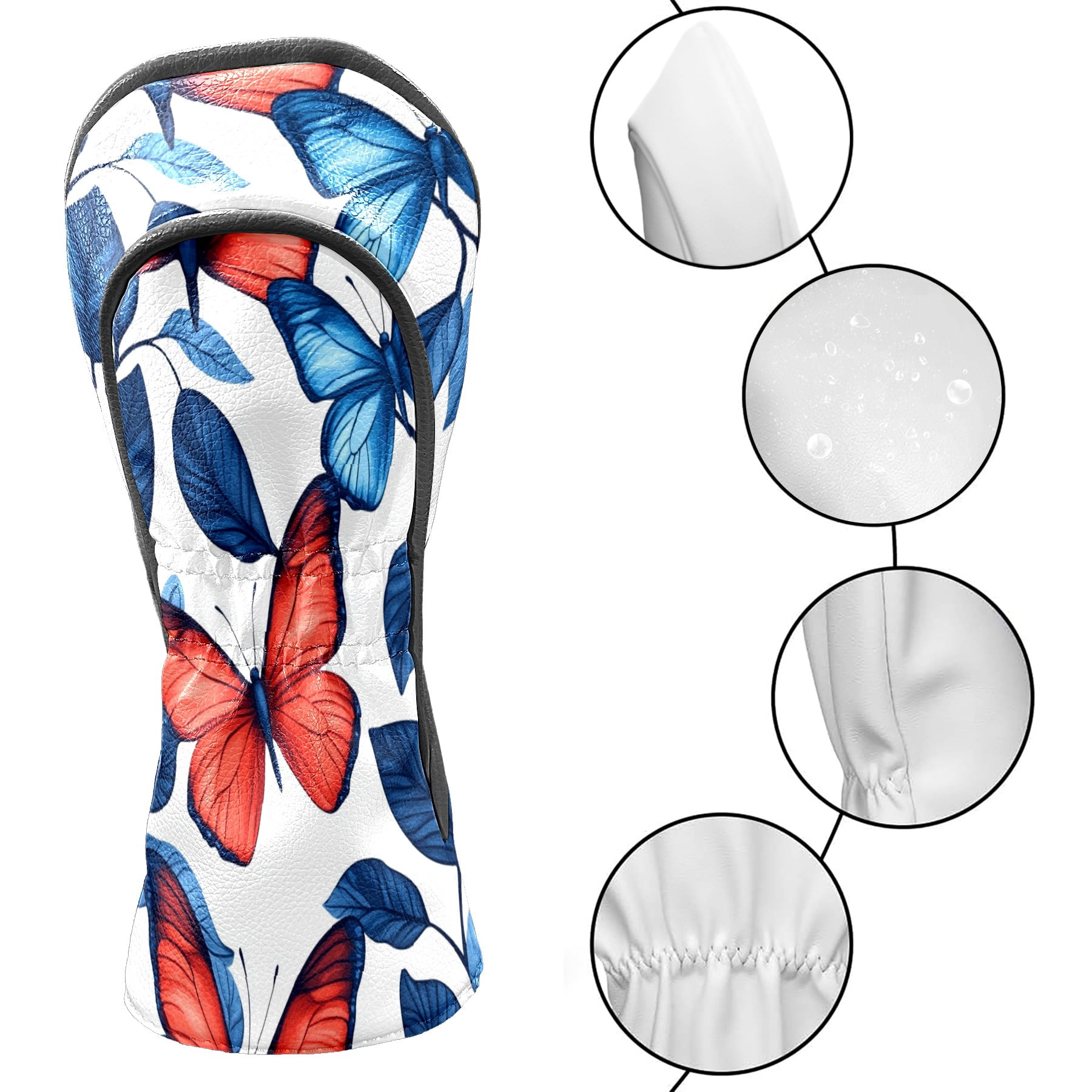 Golf Club Covers PU Leather Waterproof Head Covers for Fairway Woods Hybrids Red And Blue Butterfly