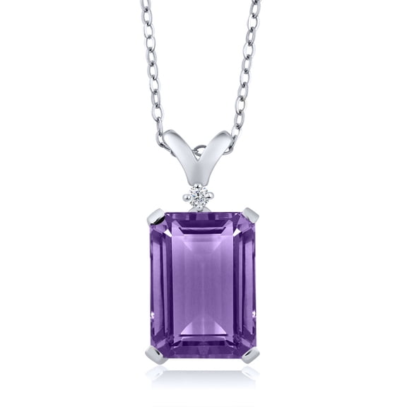 Gem Stone King 925 Sterling Silver Purple Amethyst and White Diamond Pendant Necklace for Women (6.27 Cttw, Gemstone Birthstone, Emerald Cut 14X10MM, With 18 inch Silver Chain)