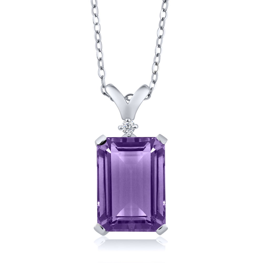 Gem Stone King 925 Sterling Silver Purple Amethyst and White Diamond Pendant Necklace for Women (6.27 Cttw, Gemstone Birthstone, Emerald Cut 14X10MM, With 18 inch Silver Chain)