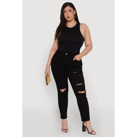 Womens Plus Size WAX High Waisted Distressed and Frayed Jeans