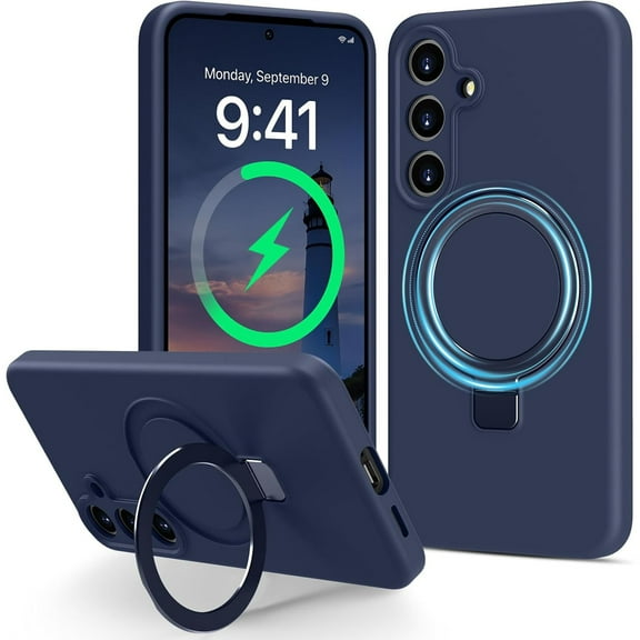 Dteck for Samsung Galaxy S24 Case with Stand, Slim Liquid Silicone Phone Cases for Samsung Galaxy S24 Plus Compatible with MagSafe Magnetic Ring Kickstand Case Full Camera Protection,Navy Blue