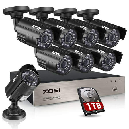 ZOSI 8-Channel FULL 1080P HD-TVI Video Security System CCTV DVR 1TB Hard Drive + 8 Indoor/Outdoor 2.0MP 1920TVL Weatherproof Surveillance Security Camera System, Smartphone, PC Easy Remote