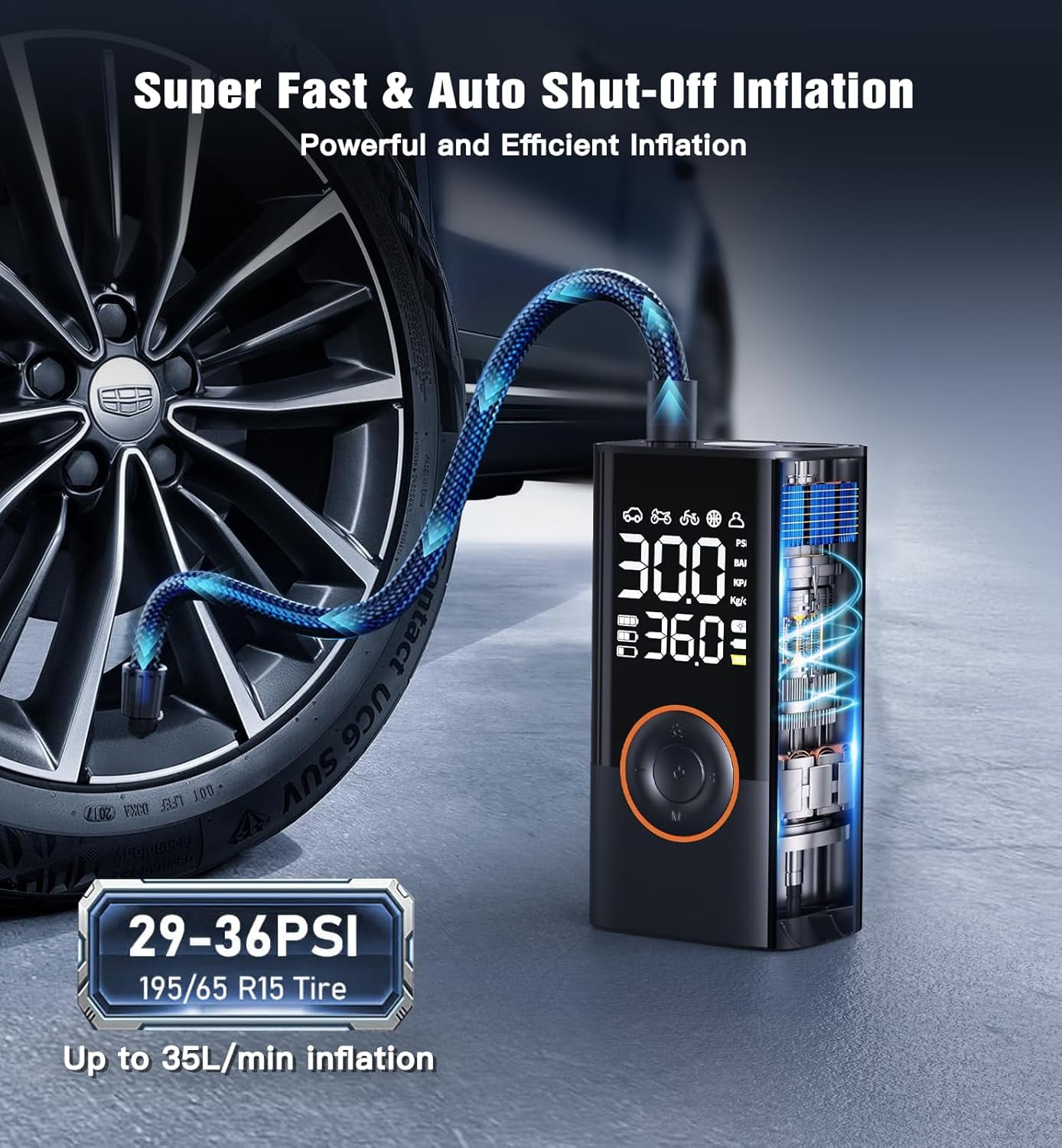 Tire Inflator Portable Air Compressor, 150 PSI Cordless Bike Pump, Air Pump for Auto, Motorcycle, Bicycle, Balls with Pressure Gauge, LED Light & Car Accessories, Black