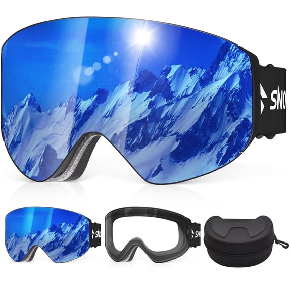 Andizun Ski Goggles with 2 Lens, Frameless OTG Snowboard Goggles with Dual-layer Magnet Interchangeable Ski Lenses, Clear Snow Goggles with UV402 Protection Anti-Fog, Lenses for Adult, Women, Man