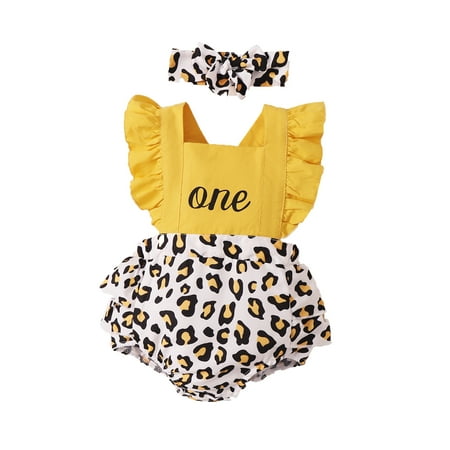 

Newborn Baby Girls Outfits Jumpsuit Onesies Bodysuit Sleeveless Leopard Letter Print Romper Skirts + Headband 2PCS Clothes Set 6-9 Months Yellow