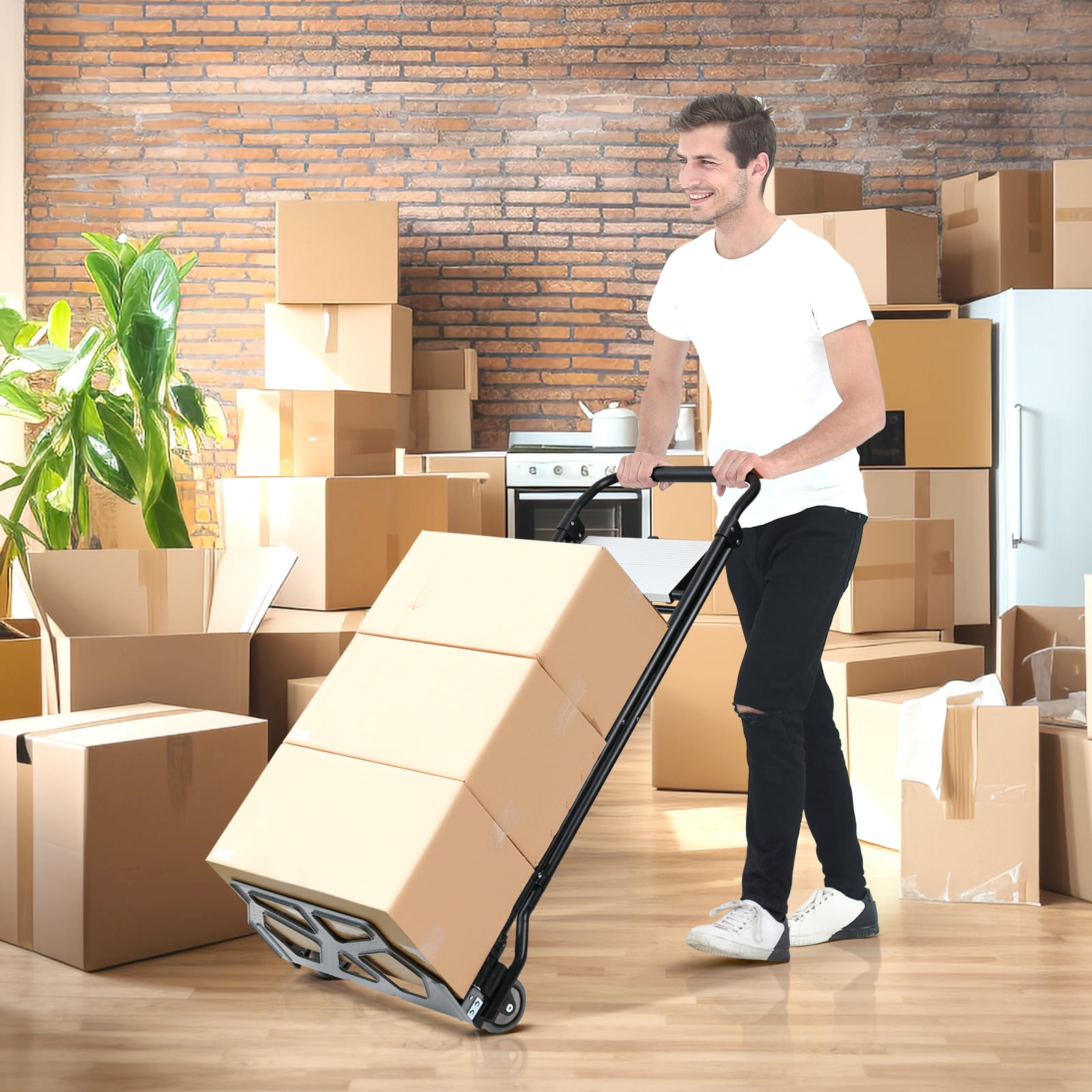 2 in 1 Step Ladder & Hand Truck,Aluminum 3 Step Stool,Folding Ladder with Anti-Slip Pedal,Heavy Duty Dolly Cart, Utility Platform Cart with Wheels