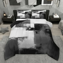 Manfei Modern Abstract Ombre Bedding Comforter Set, Black Grey Rectangle Square Twin Comforter Sets, Teens Kids Adult Reversible Bedding Set, Luxury Bedroom Decor, 2-Piece