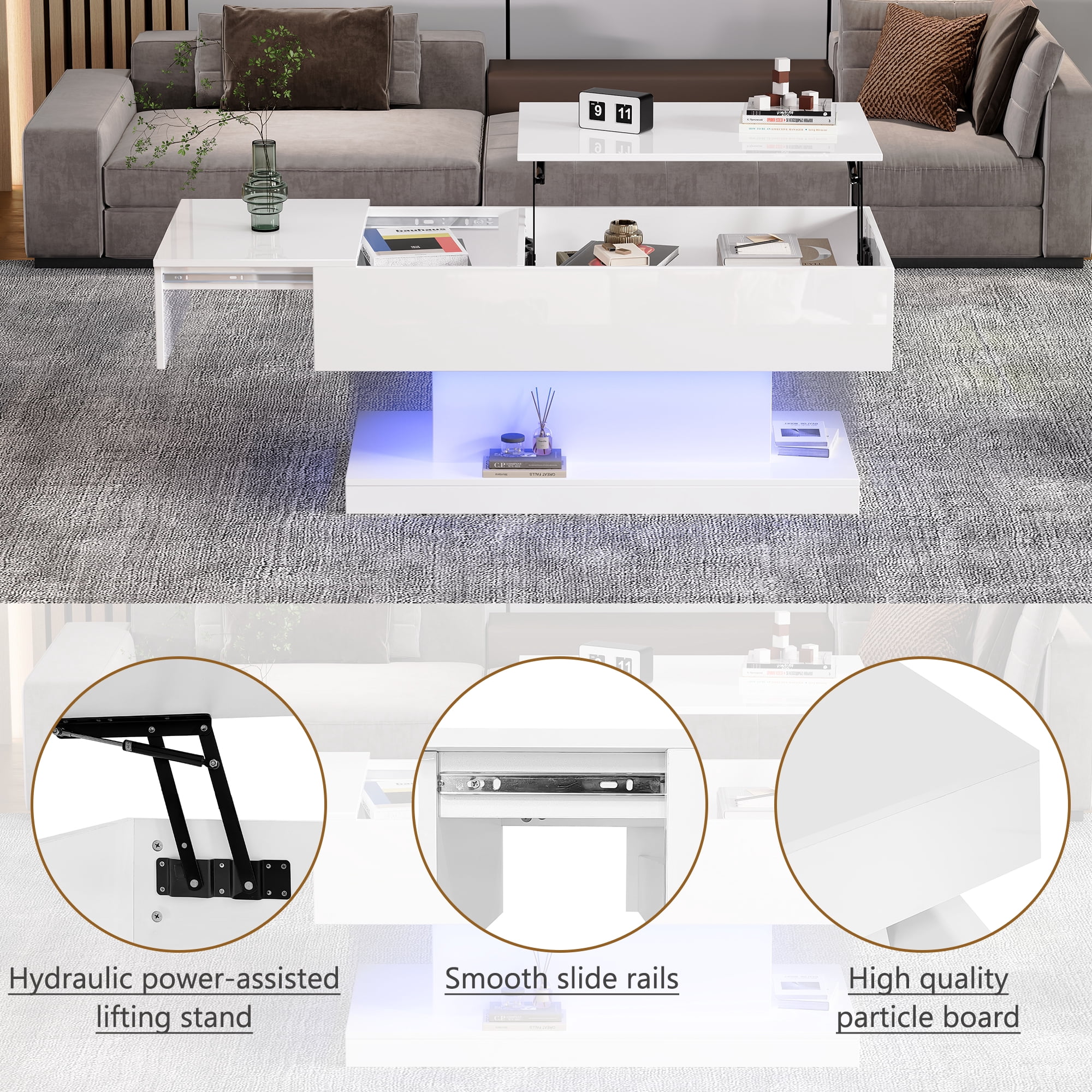 Table basse relevable Noble House, laquée brillante, éclairage DEL, plateau coulissant extensible et mécanisme de levage, blanche