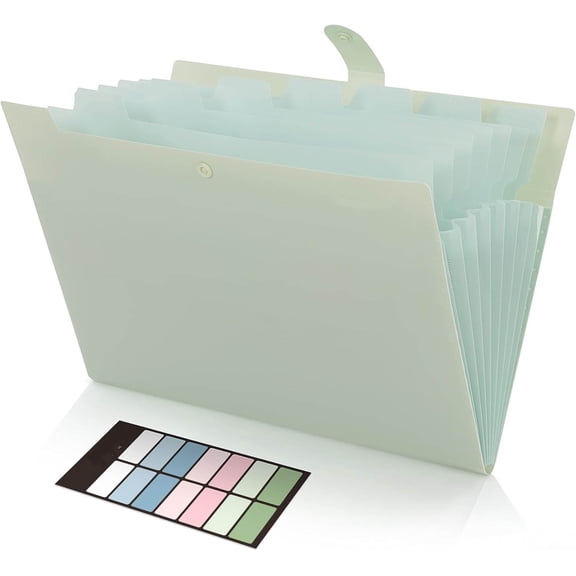 Expanding File Organizer with 8 Pockets, Accordion File Folders with Labels, Portable Document Paper Bill Receipt Organizer, Home Office Supplies, Light Green