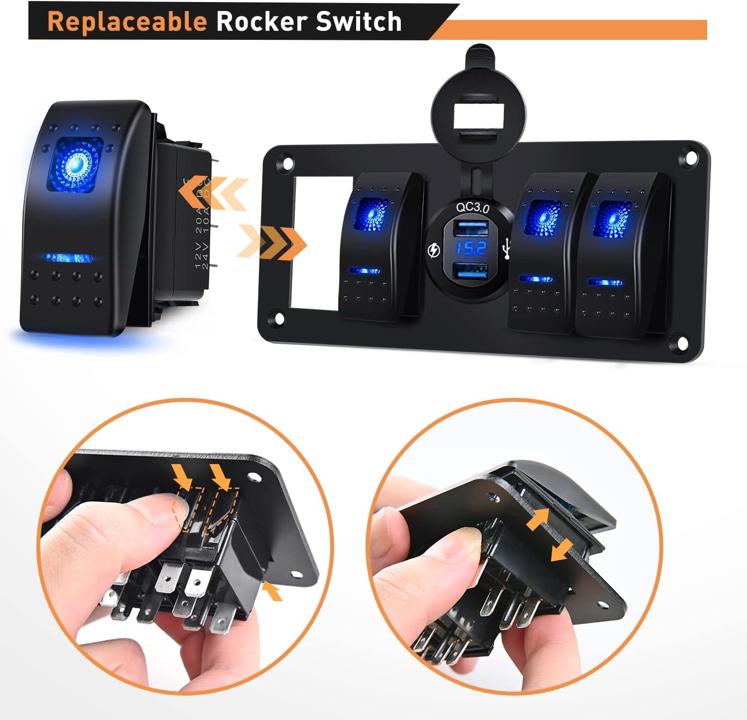 Waywe 4 Gang Rocker Switch Panel with USB Charger Voltmeter Waterproof 12V 24V DC Rocker Switch with QC3.0 Dual USB Charger for Cars Trucks Boats RV