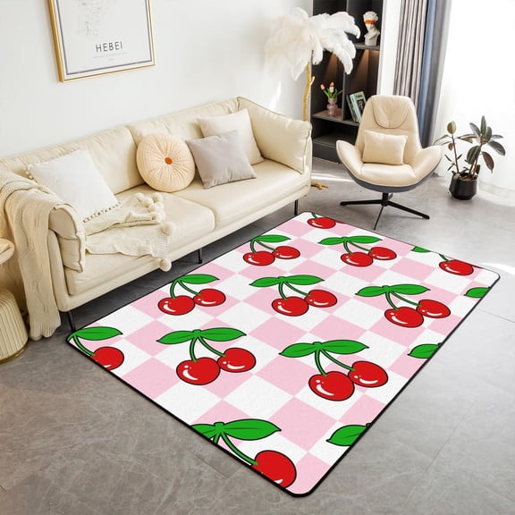 Red Cherry Area Rug,Geometric Plaid Checkerboard Patchwork Indoor Floor Mat Entrance Rug,Tropical Fruit Cherry Non Slip Rug,Pink Princess Cute Chairs Couch Living Room Decor 3x5ft